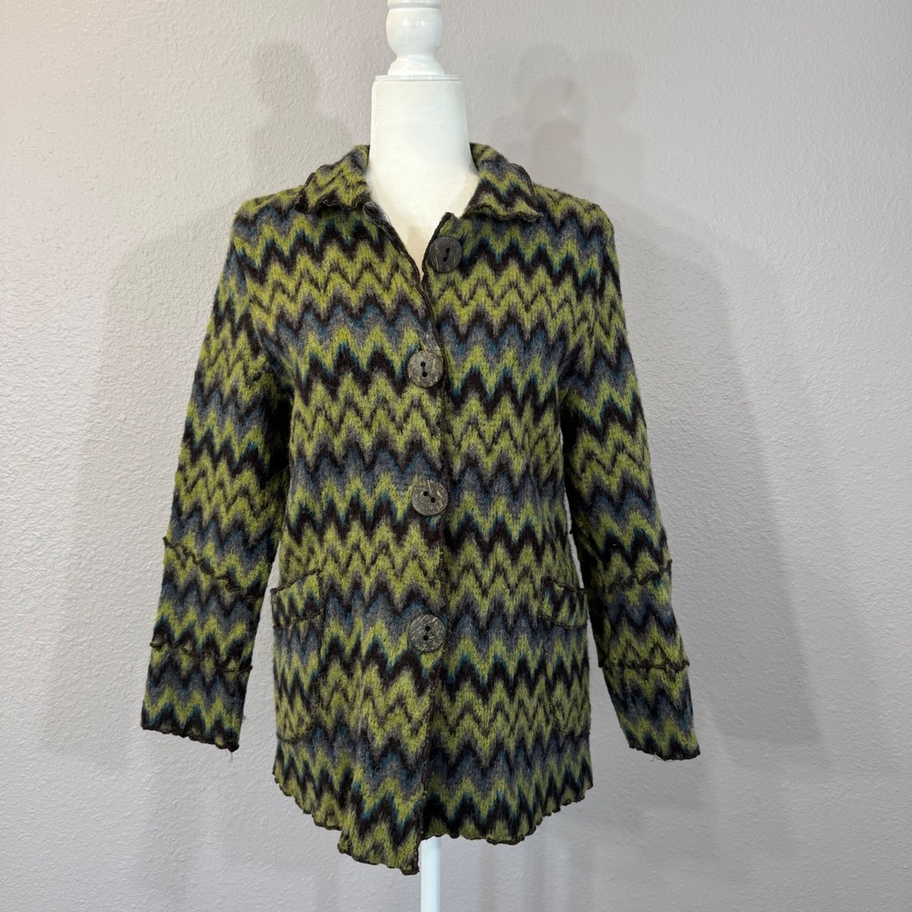 Focus Women's Size M Green Zig Zag Wool Blend Button Front Cardigan Sweater